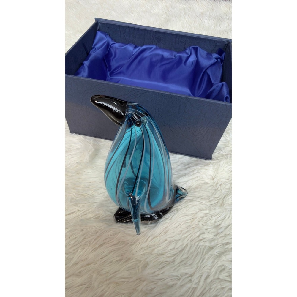 Minchella Murano Glass Penguin Figurine Blue Swirl Italian Art Glass with Box